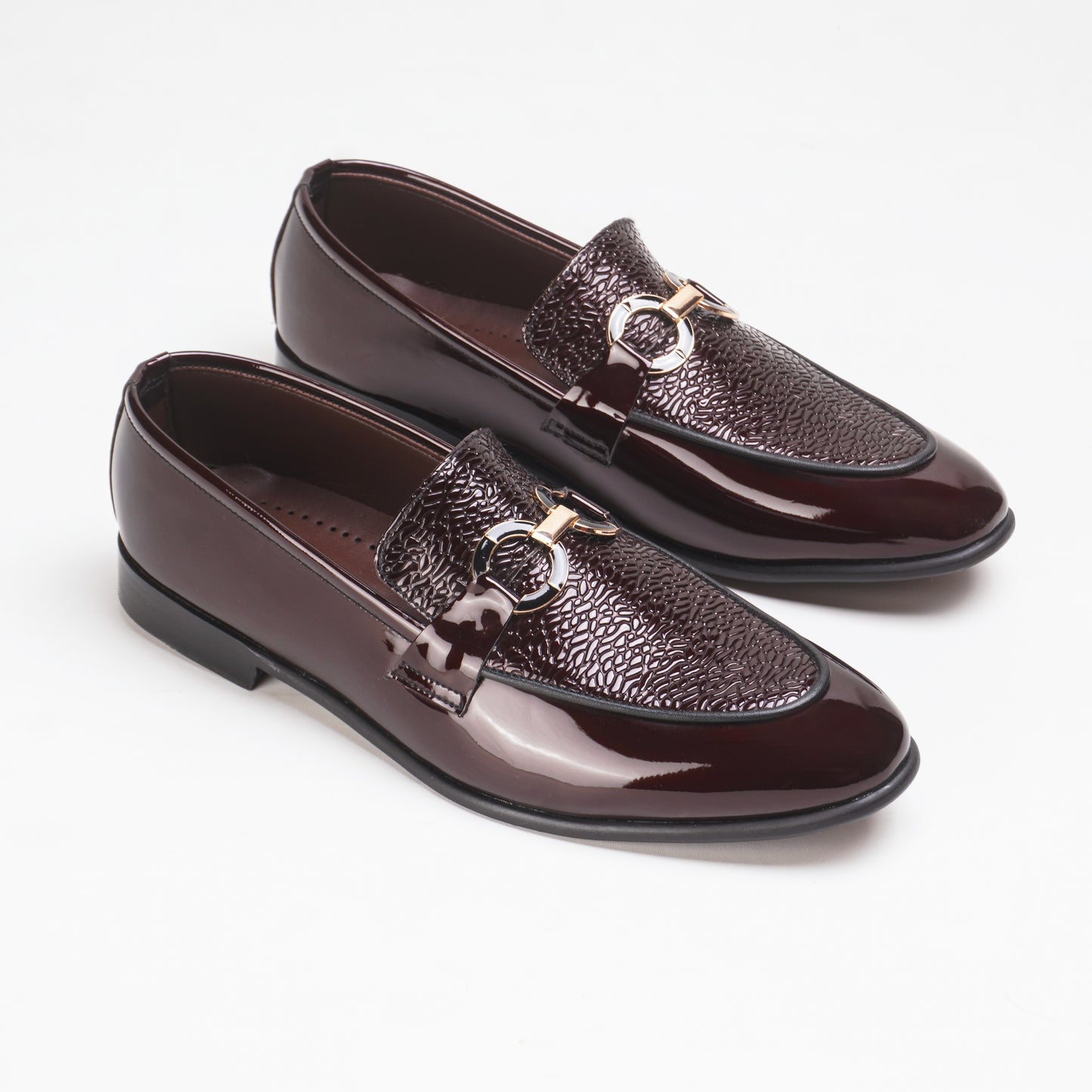 Glossy Textured Leather Shoes with Metal Buckle - Maroon