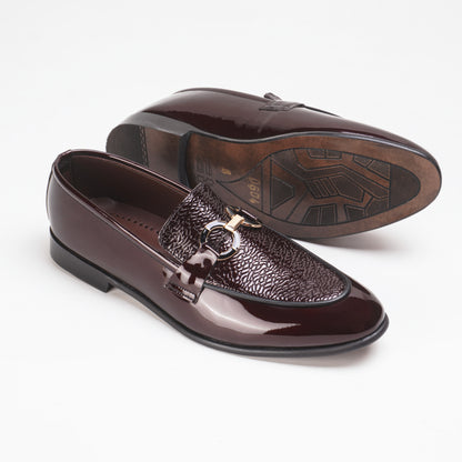 Glossy Textured Leather Shoes with Metal Buckle - Maroon