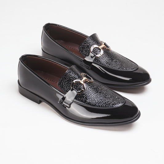 Glossy Textured Leather Shoes with Metal Buckle - Black