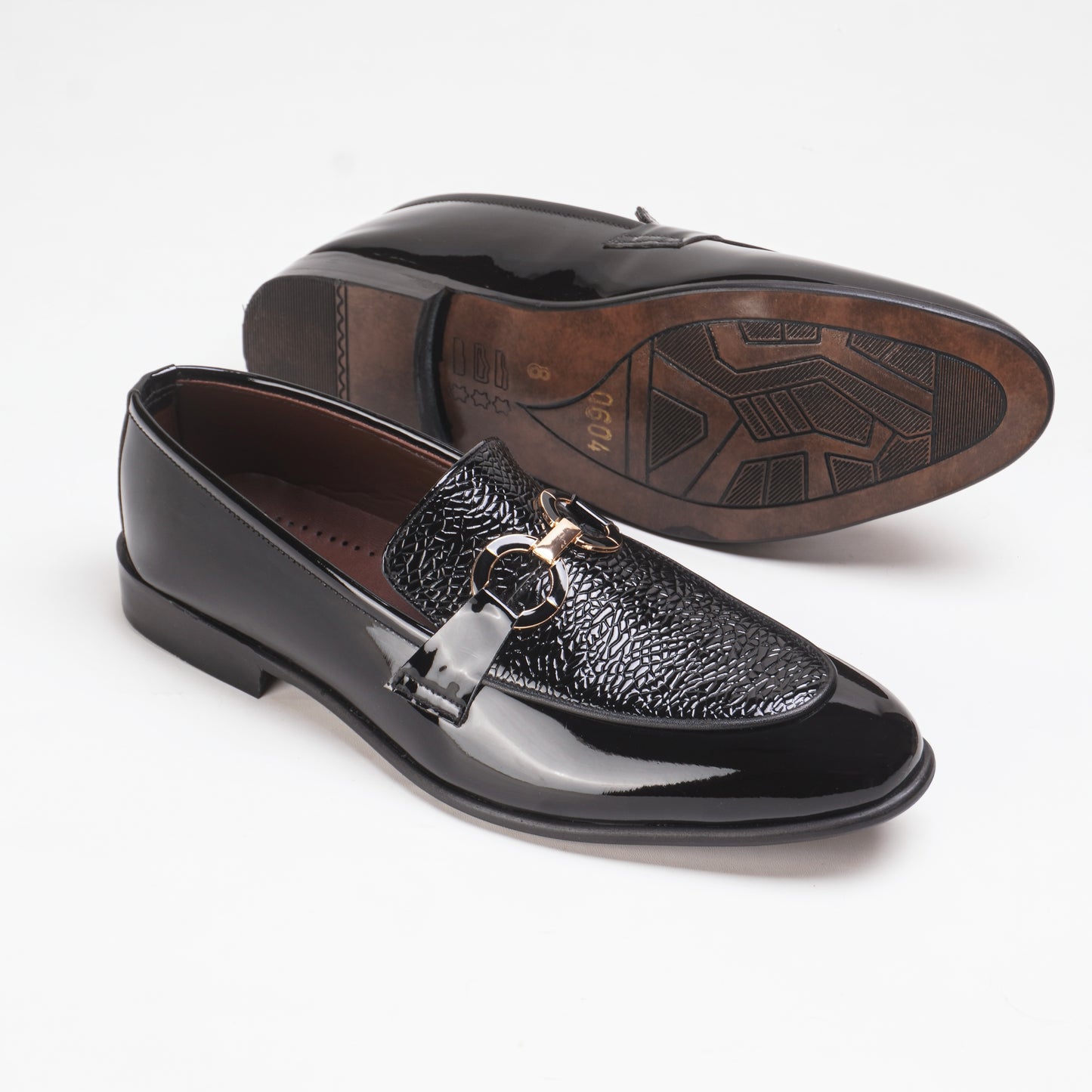 Glossy Textured Leather Shoes with Metal Buckle - Black