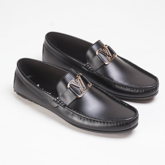 Black Leather Loafers with Signature Metal Accent