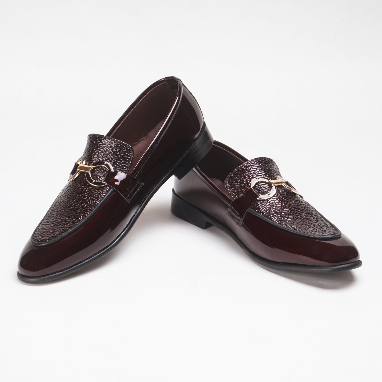 Glossy Textured Leather Shoes with Metal Buckle - Maroon