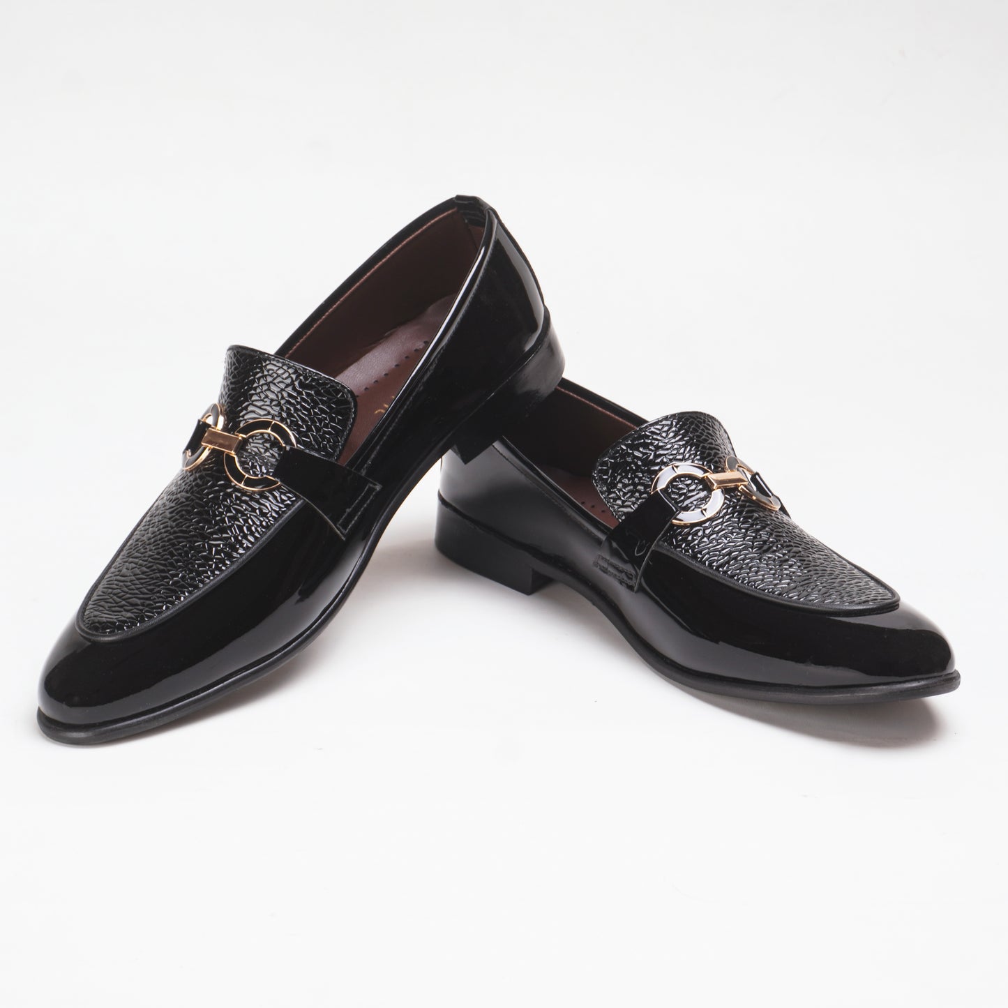 Glossy Textured Leather Shoes with Metal Buckle - Black