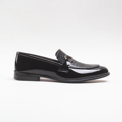 Glossy Textured Leather Shoes with Metal Buckle - Black