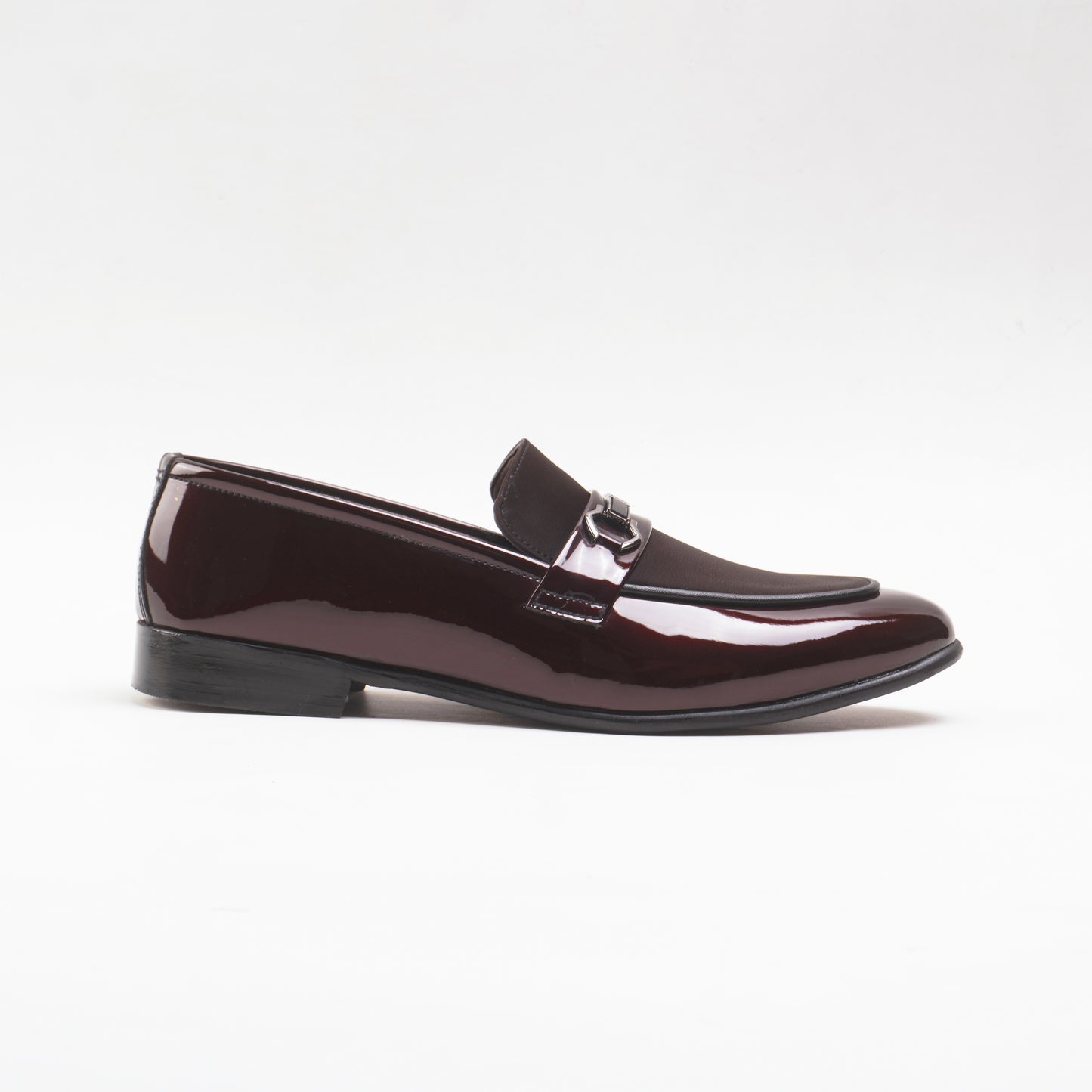 Glossy Textured Leather Shoes with Metal Buckle - Maroon