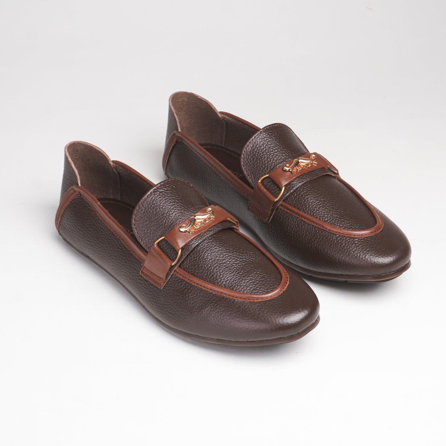 Elegant Brown PURE LEATHER Loafers with a Textured finish, gold-tone emblem, cushioned insole