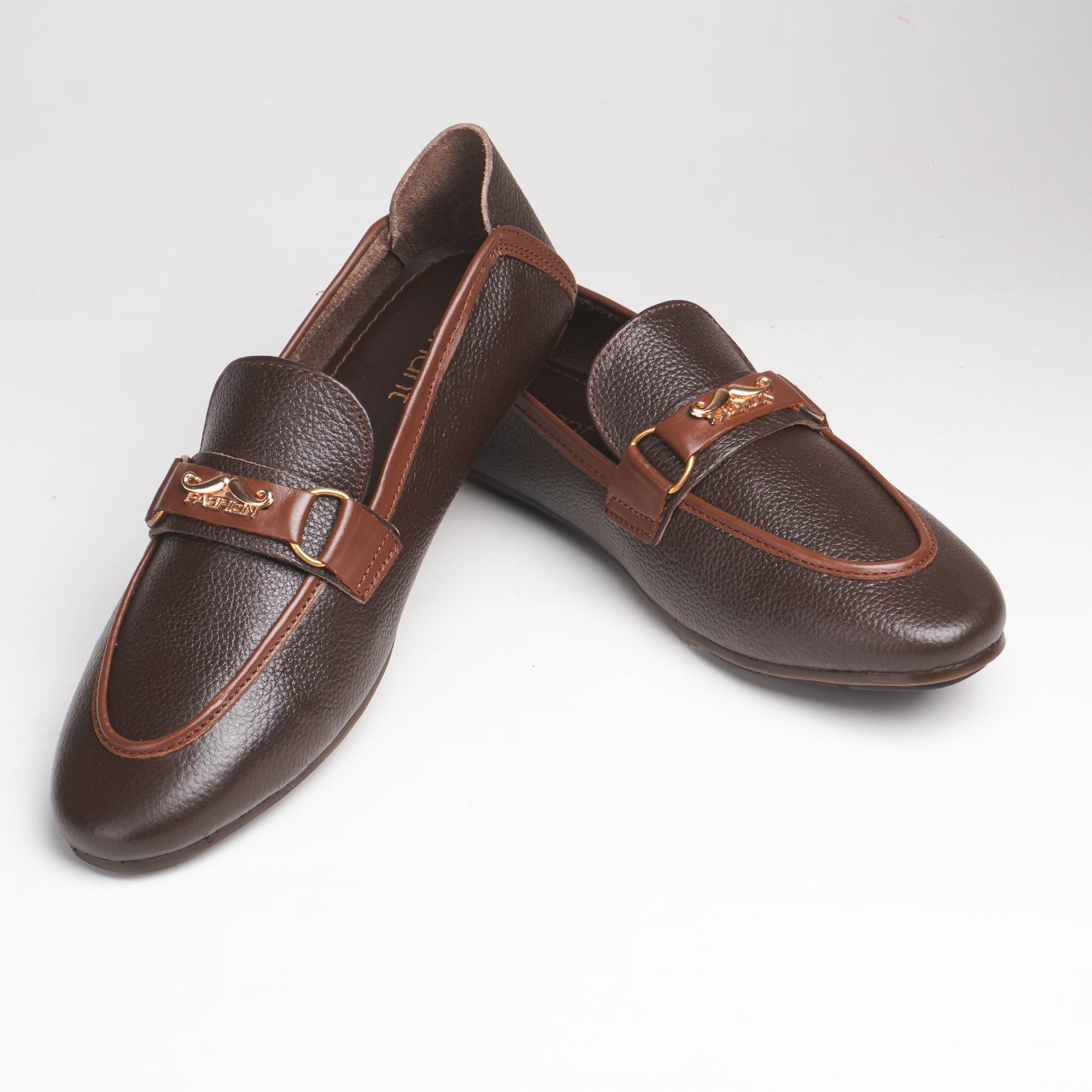 Elegant Brown PURE LEATHER Loafers with a Textured finish, gold-tone emblem, cushioned insole