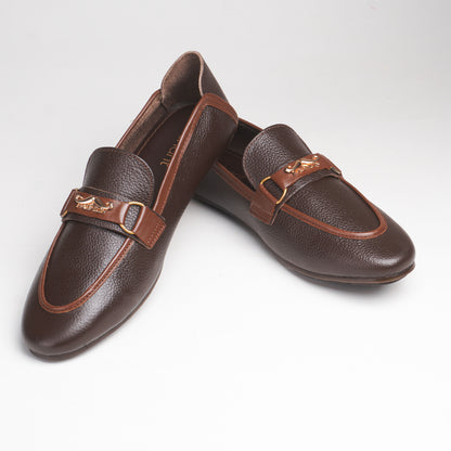 Elegant Brown PURE LEATHER Loafers with a Textured finish, gold-tone emblem, cushioned insole