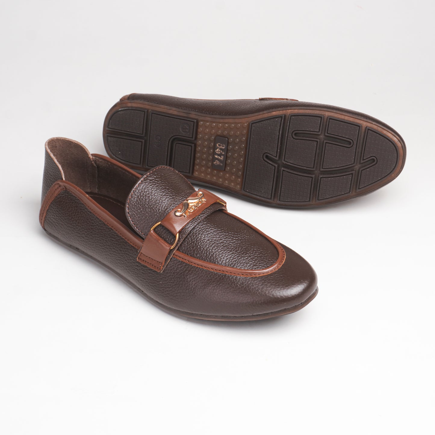 Elegant Brown PURE LEATHER Loafers with a Textured finish, gold-tone emblem, cushioned insole