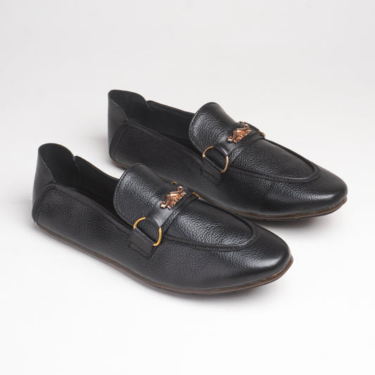 Elegant Black PURE LEATHER Loafers with a Textured finish, gold-tone emblem, cushioned insole