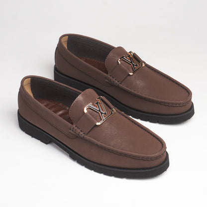 Elegant Brown Sweat loafers with a bold gold-tone "LV" logo & Chunky Sole