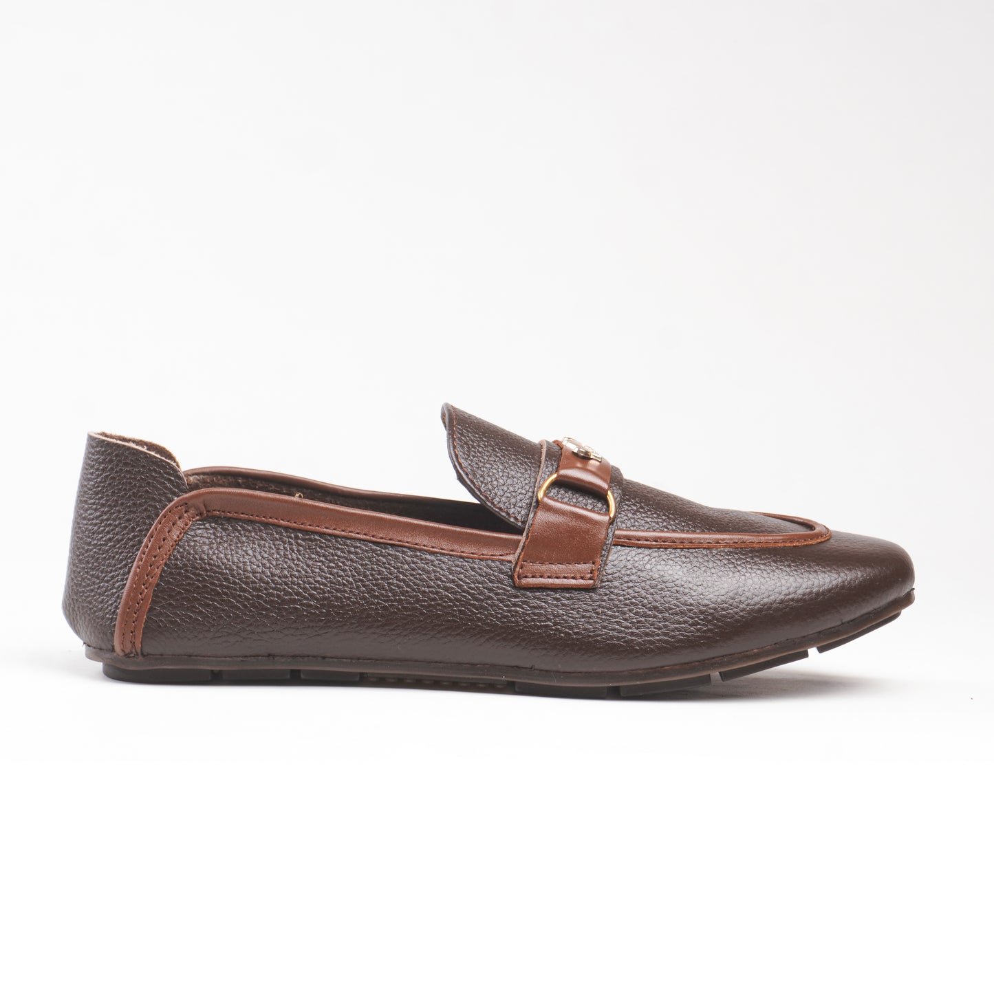 Elegant Brown PURE LEATHER Loafers with a Textured finish, gold-tone emblem, cushioned insole